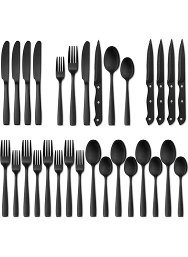Hiware 24 Pieces Matte Black Silverware Set with Steak Knives for 4, Stainless Steel Flatware Utensils Set, Hand Wash Recommended