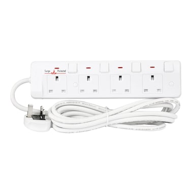 Terminator 4 Way UK Power Extension Socket, Surge Protection, Double Pole Switches, 1.50mm&sup2; Cable 3M 13A Plug