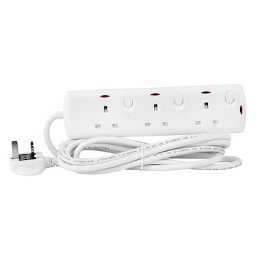 Terminator 3 Way UK Power Extension Socket, Individual Switches, Indicators, 1.25mm&sup2; Cable 5M &amp; 13A Fused Plug