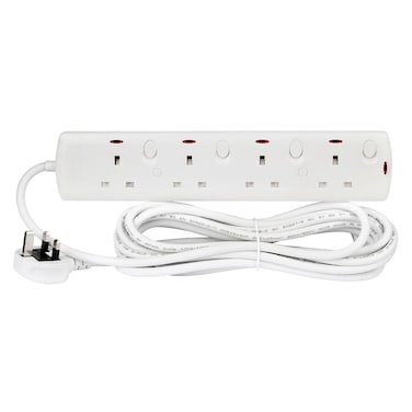 Terminator 4 Way UK Power Extension Socket, Individual Switches, Indicators, 1.25mm&sup2; Cable 3M &amp; 13A Fused Plug