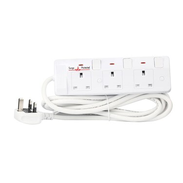 Terminator 3 Way UK Power Extension Socket, Surge Protection, Double Pole Switches, 1.50mm&sup2; Cable 3M 13A Plug