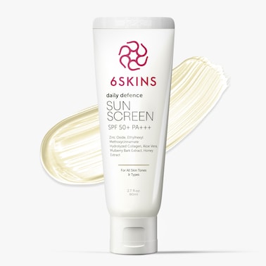6SKINS® Daily Defense SUN SCREEN SPF 50+ PA+++ للأشعة فوق البنفسجية الطويلة والمتوسطة   كريم الشمس بثاني أكسيد التيتانيوم وأكسيد الزنك   مرطب الوجه المعزز بالكولاجين بدون قالب أبيض، 80 مل
