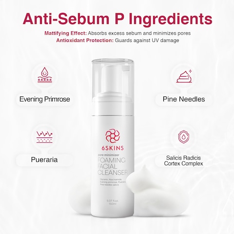 6SKINS&reg; Pore Minimizer Foaming Facial Cleanser 150 ml, Enriched with Anti Sebum P, Gentle Hydrating Face Wash with Niacinamide, Evening Pimrose