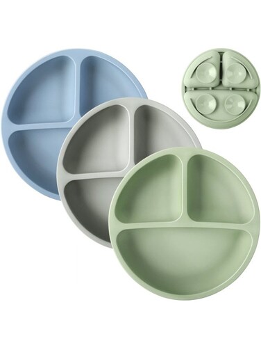 Toddler Plates Set of 3 - Baby Suction Cup - 100% Silicone Baby Plates - BPA Free - Microwave and Dishwasher - Divided Design - Blue, Green &amp; Gray