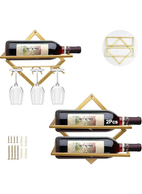 Metal Wall Mounted Wine Holder for 3 Liquor Bottles,2 Pack Foldable Hanging Wall Wine Rack Organizer with 3 Stem Glass Holders,Wine Bottle Display Hanger for Home Kitchen Bar Decor (Gold)