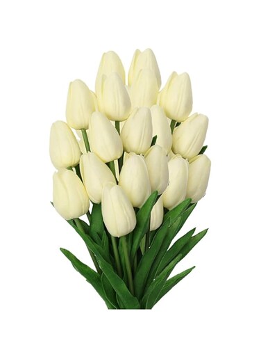 Beauenty 20PCS Artificial Tulips Flowers, PU Touch Bouquets, Silk Tulips Fake Flowers for Home, Office, Wedding, Party, Table Centerpiece Decoration(Milk white)