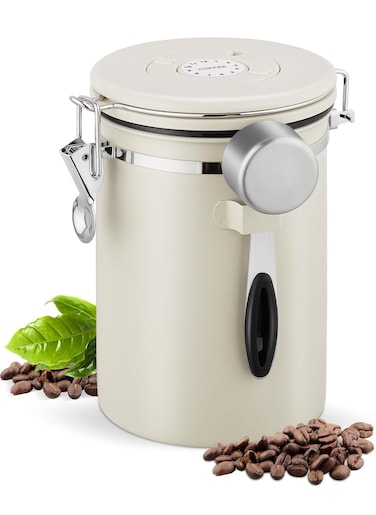 Coffee Canister 1.8l, Vacuum Airtight 304 Stainless Steel Food Storage Container with Date Tracker and Scoop for Beans Grounds, Tea Flour, Cereal Sugar, Beige