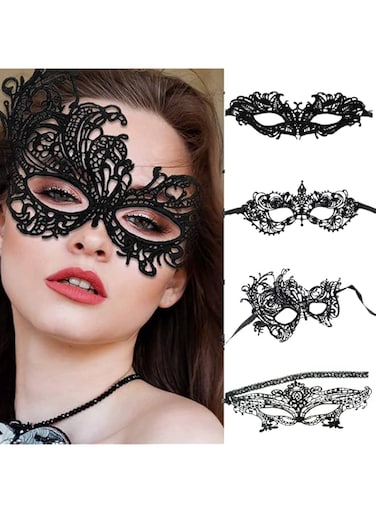 SWIUKPHE Women Lace Eye Mask, 4pcs Masquerade Masks Mysterious Lace Face Mask, Masquerade Venetian Eyemask for Halloween Carnival Party Costume Ball, Black