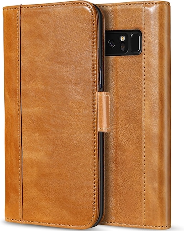ProCase Galaxy Note 8 Genuine Leather Case, Vintage Wallet Folding Flip Case With Kickstand Card Slots Magnetic Closure Protective Cover For Galaxy Note8 -Brown