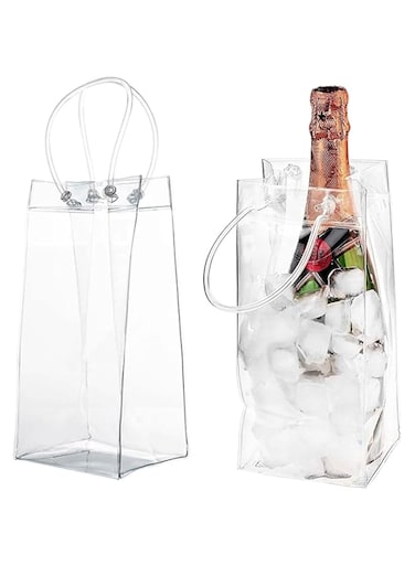 CheeseandU Wine Ice Bags, 2Pack Collapsible Clear Ice Wine Bag Pouch Wine Cooler Bag PVC Wine Pouch Bags with Handle for Champagne Cold Beer White Wine Chilled Beverages