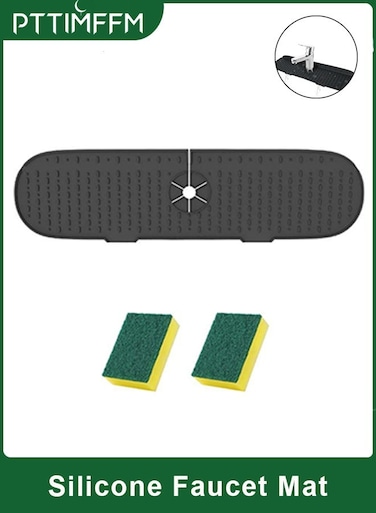 Silicone Wraparound Faucet Splash Guard Mat with Drainback Design &amp; 2 Sponges, Waterproof Drip Catcher for Kitchen, Bathroom &amp; RV Sinks