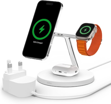 Belkin MagSafe 3 In 1 Wireless Charging Station, 15W iPhone And Apple Watch Fast Wireless Charger, Airpods Charging Station For iPhone 16, 15, 14, 13, 12 Series, Apple Watch 10/9/8, SE, Ultra, White