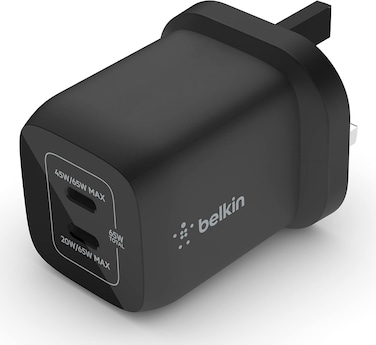 Belkin 65W Dual USB Type C Wall Charger, Fast Charging Power Delivery 3.0 With Gan Technology, USB Plug Fast Charger For iPhone 16, 15, 14, iPad, Macbook, Samsung Galaxy S24, Pixel And More, Black
