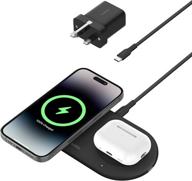 Belkin Boostcharge Pro 2-In-1 Wireless Charging Pad With Magnetic Qi2 15W, Fast Charging iPhone Wireless Charger Compatible With iPhone 16/15/14 Series, Airpods, MagSafe Enabled Devices, Black