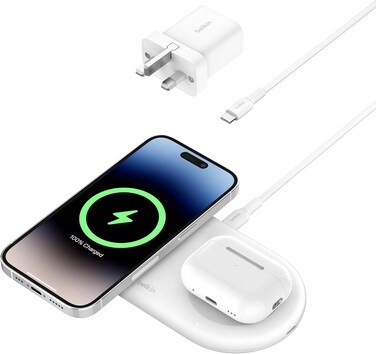 Belkin Boostcharge Pro 2-In-1 Wireless Charging Pad With Magnetic Qi2 15W, Fast Charging iPhone Wireless Charger Compatible With iPhone 16/15/14 Series, Airpods, MagSafe Enabled Devices, White