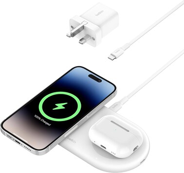 Belkin Boostcharge Pro 2-In-1 Wireless Charging Pad With Magnetic Qi2 15W, Fast Charging iPhone Wireless Charger Compatible With iPhone 16/15/14 Series, Airpods, MagSafe Enabled Devices, White