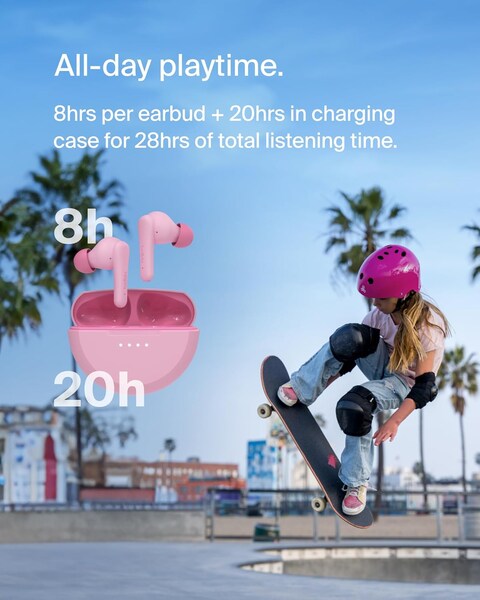 Belkin Soundform Nano 2 Bluetooth Earbuds For Kids With Built-In Microphone, 28H Battery Life, Safe 85Db Volume, IPX5 Water Resistance, Kids Bluetooth Earbuds For iPhone, iPad, Galaxy, &amp; More, Pink