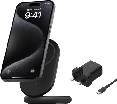 Belkin Boostcharge MagSafe Charger, Magnetic Foldable Wireless Charging Stand 15W, MagSafe-Compatible Portable Fast Charger For Qi2, iPhone 16, 15 &amp; 14 Series, Standy Mode Ready, PSU Included, Black