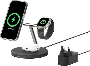 Belkin Boostcharge 3-In-1 Qi2 Charger, Magsafe Compatible Wireless Charging Station, Qi2 Wireless Charger For Apple iPhone 16 Series, Apple Watch, Airpods With Non-Slip Base, PSU Included - Black