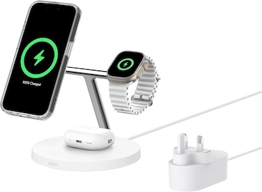 Belkin Boostcharge 3-In-1 Qi2 Charger, Magsafe Compatible Wireless Charging Station, Qi2 Wireless Charger For Apple iPhone 16 Series, Apple Watch, Airpods With Non-Slip Base, PSU Included - White