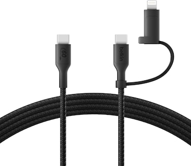 Belkin 2-In-1 Charging Cable With USB-C &amp; Lightning Connector, Braided Fast-Charging Cable, USB-C To USB-C &amp; Lightning Charger Cord, Multi-Charging Combo For Apple iPhone, iPad, Samsung, More, Black