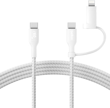 Belkin 2-In-1 Charging Cable With USB-C &amp; Lightning Connector, Braided Fast-Charging Cable, USB-C To USB-C &amp; Lightning Charger Cord, Multi-Charging Combo For Apple iPhone, iPad, Samsung, More, White