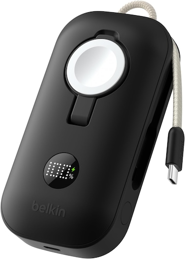 بنك طاقة Belkin BoostCharge Pro بسعة 10000 مللي أمبير مع شاحن ساعة أبل، شاحن محمول مزود بكابل USB-C مضفر مدمج وشاشة عرض رقمية، 45 واط، بطارية لشحن 3 أجهزة - أسود