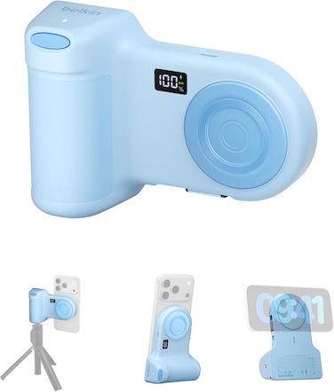 مقبض Belkin Stage PowerGrip، مقبض كاميرا مغناطيسي لاسلكي للشحن بسعة 9300 مللي أمبير، بنك طاقة مع كابل USB-C قابل للسحب، اتصال بلوتوث، ملحق حامل ثلاثي القوائم، شاشة LCD، شاحن محمول لأجهزة iPhone وPixel