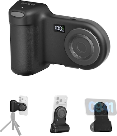 مقبض Belkin Stage PowerGrip، مقبض كاميرا مغناطيسي لاسلكي للشحن بسعة 9300 مللي أمبير، بنك طاقة مع كابل USB-C قابل للسحب، اتصال بلوتوث، ملحق حامل ثلاثي القوائم، شاشة LCD، شاحن محمول لأجهزة iPhone وPixel