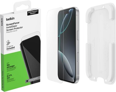 واقي شاشة Belkin ScreenForce InvisiGlass لهاتف iPhone 17 Pro، مقاوم للخدوش والصدمات، مزود بصينية سهلة التركيب لتطبيق خالٍ من الفقاعات، متوافق مع أغلفة الحماية، مصنوع من زجاج معاد تدويره