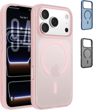 Belkin SheerForce Grip MagSafe Compatible iPhone 17 Pro Case with Slim Design &amp; Anti-Slip Side Lines - Magnetic, Transparent, &amp; Shockproof Protective iPhone Case - Pink