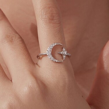 S925 Sterling Silver Adjustable Opening Ring with Moissanite and Star Pattern(MSR099-E)