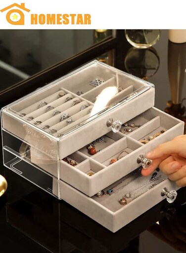 Acrylic Jewelry Organizer Box with 3 Drawers, Clear Jewelry Boxes for Women Earring, Rings, Bangle Bracelet and Necklace Holder, Grey