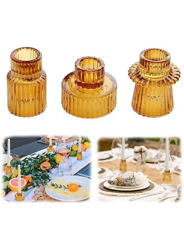 MostNow Candlestick Holders Set of 3 Glass Candle Holders for Taper Candles,Pillar Candles and Tealight Candles,for Table Centerpieces, Wedding Decor and Dinner Party (Amber)