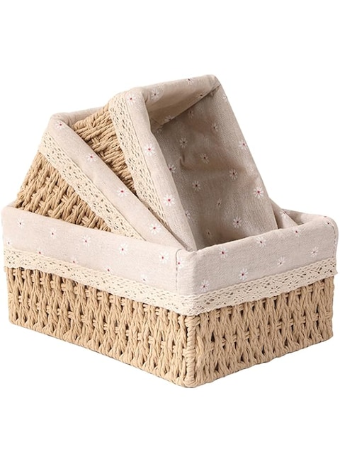 DAYONG Wicker Storage Baskets Set, A Set of 3 Handmade Paper Rope Baskets with Removable Linings, Storage Bins for Household Living Room, Bedroom, &amp; Bathroom (Color 1)