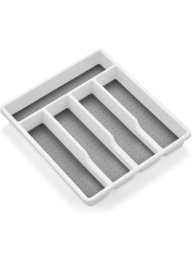 E-far Silverware Tray for Drawer, Small Plastic Utensil Tray Drawer Organizer, 5 Compartment Flatware Cutlery Holder/Divider, White with Gray Non-slip Rubber Grips, 12.6 x 11.4-Inch