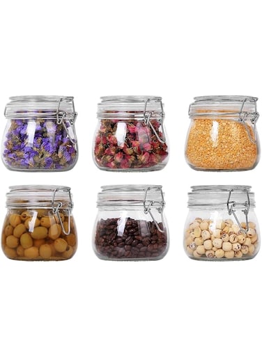 ComSaf Airtight Glass Canister Set of 6 with Lids 17oz Food Storage Jar Round - Storage Container with Clear Preserving Seal Wire Clip Fastening for Kitchen Canning Cereal,Pasta,Sugar,Beans,Spice
