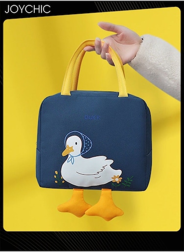 Lovely Cartoon Duck Design Lunch Bag Aluminum Foil Heat Preservation Canvas Bento Tote Bag for Men Women Kids School Office Outdoor Picnic