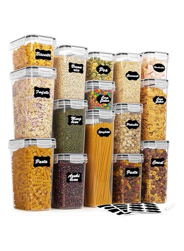. Airtight Food Storage Containers with Lids, 15 pcs Plastic kitchen containers &amp; storage Set for Cereal, Dry Food, Flour and Sugar, BPA Free, Includes 24 Labels