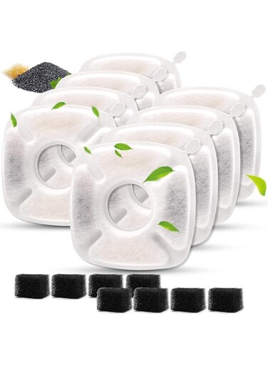 X spring Pet Fountain Filters, 16PCS Cat Fountain Filter with Replacement Compatible, Filters for Cat Water Fountain with 8 Sponge Filters, 8 Carbon Filters, Suitable for Pet Drinking Fountains