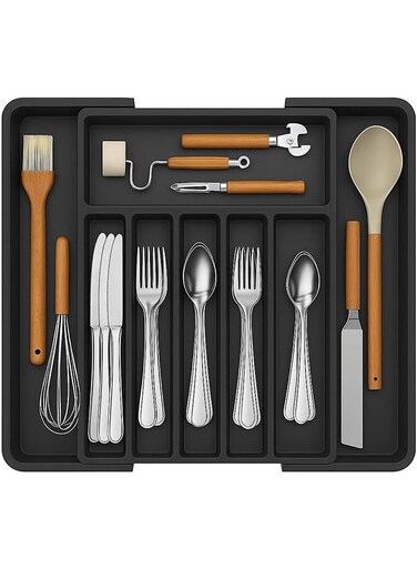 Silverware Drawer Organizer, Expandable Utensil Tray for Kitchen, BPA Free Flatware and Cutlery Holder, Adjustable Plastic Storage for Spoons Forks Knives, Large, Black,33-57*38*5 CM, cutlery organizer