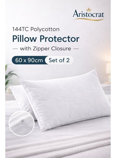 144TC Polycotton Pillow Protector with Zipper Closure, Soft &amp; Durable, White, 60x90 cm, Set of 2 Polycotton White 60x90cm
