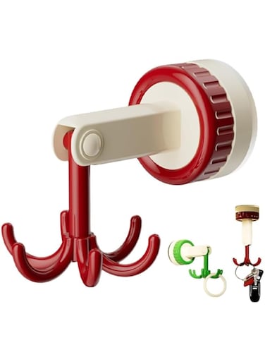 KASTWAVE 360 &deg; Degrees Rotating Folding Hook, Hanging Utensil Holder Hooks with 6 Hooks, 2024 New Strong Suction Cup Hooks for Hanging Utensils Towel Glass Window, 1, Red