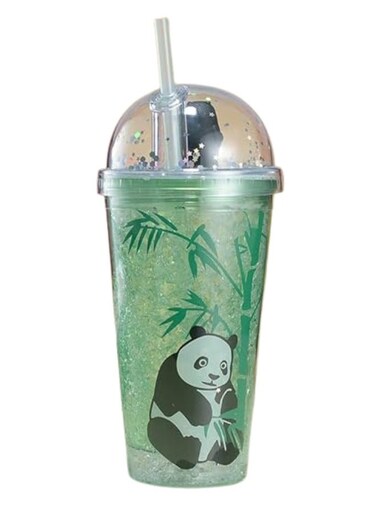 Panda Tumbler with Lid and Straw &acirc;&euro;&ldquo; Double Layer Insulated, BPA Free (Green, 450ml)