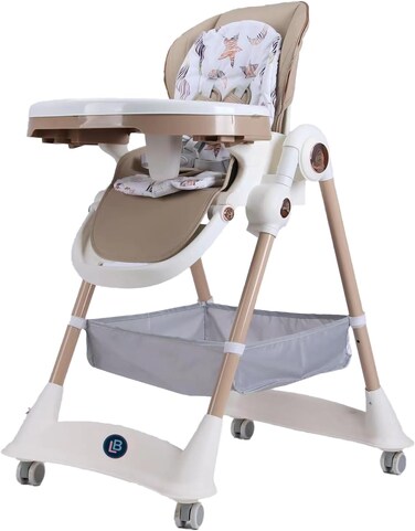 Lovely Baby Kids 3-Point Adjustable High Chair LB 168 for Babies, Foldable Baby Chair with Universal Wheels - Beige