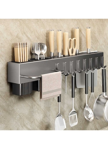 Kitchen Knife Rack Wall-Mounted Knife Holder Kitchen Wall Shelf Heavy Duty Spoon Organizer, Cutlery Holder with 10 Hooks &amp; Towel Rack, Multi-Purpose Knife Organizer for Kitchen, Restaurant (60CM)