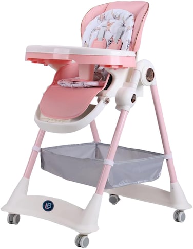 Lovely Baby Kids 3-Point Adjustable High Chair LB 168 for Babies, Foldable Baby Chair with Universal Wheels - Pink