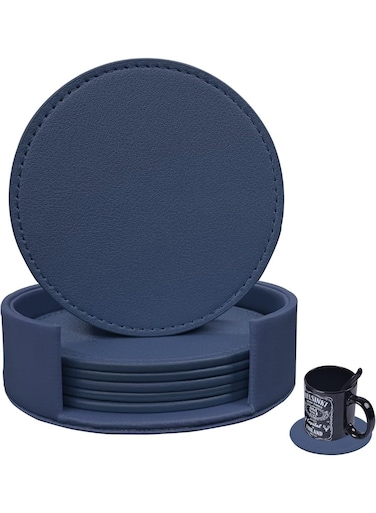 Set of 6 Soft Leather Drink Coaster Round Coaster with Sewing Around, Suitable for Various Cups, Wooden Tables,Home Decoration,(Navy Blue)
