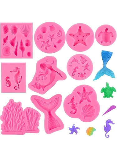 SYOSI Marine Theme Fondant Silicone Molds Mermaid, Mermaid Tail, Seahorse, Tortoise Seashell Baking Molds for Chocolate, Candy, Cookie, 10 Pieces