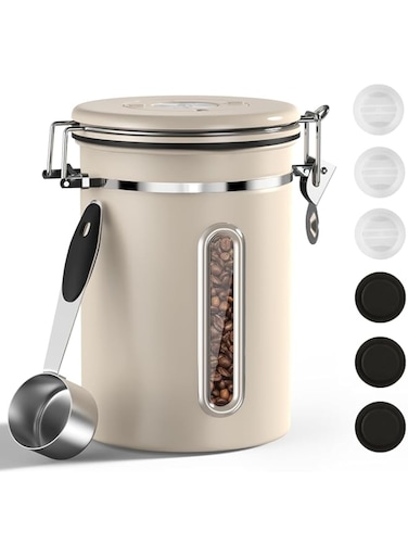 MostNow Coffee Canister Airtight Coffee Container Stainless Steel Coffee Bean Storage Container with Scoop and See Through Window Coffee Canister for Beans Grounds Sugar Flour Tea Cereal,22OZ (Beige)